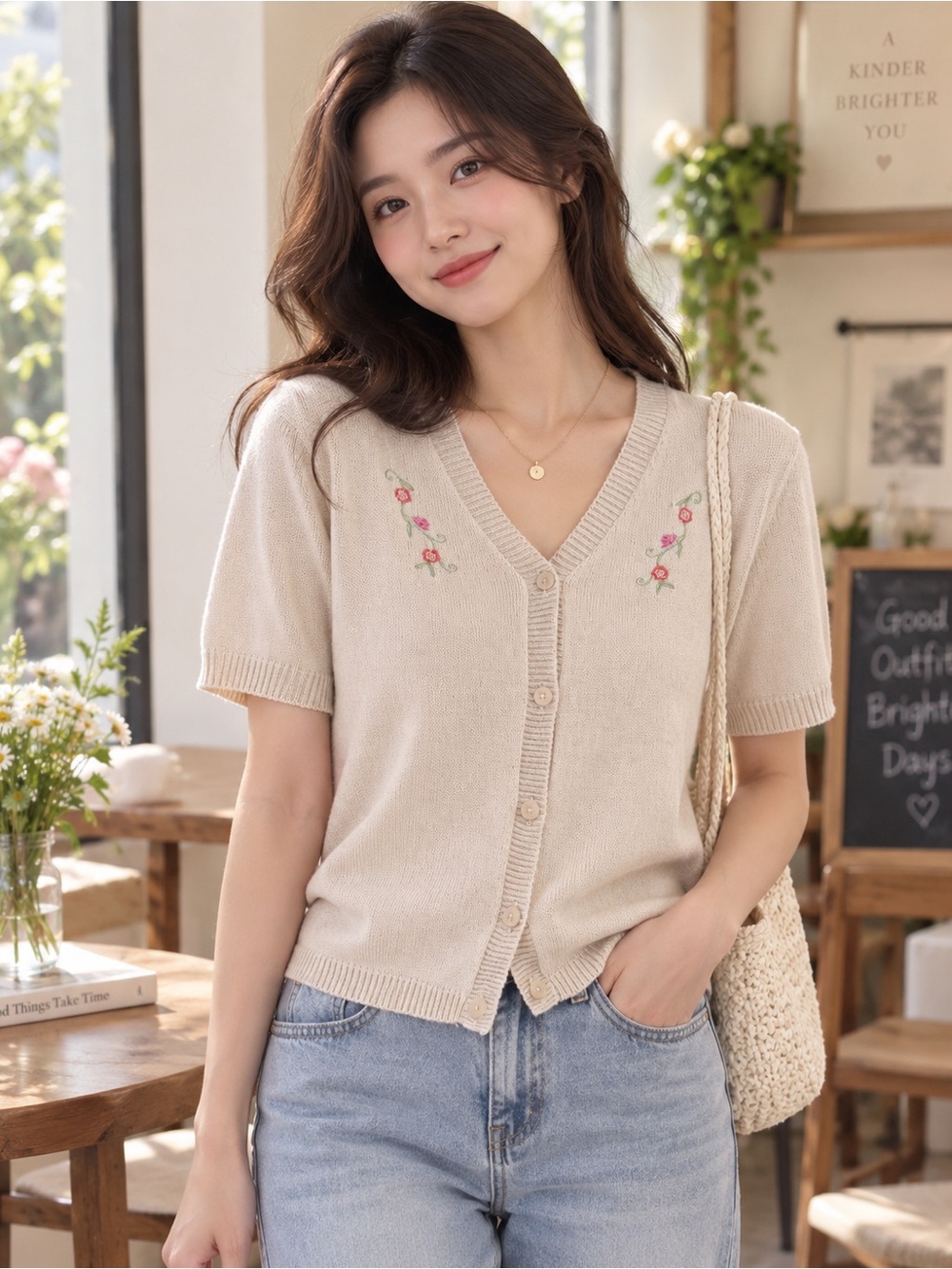 Cape Code Sportswear Cream Floral Embroidered Short Sleeve Cardigan